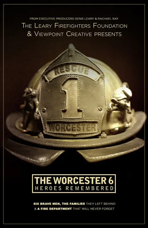 A firefighter's helmet with the words Worcester 6 remembered, supported by the Leary Firefighters Foundation.