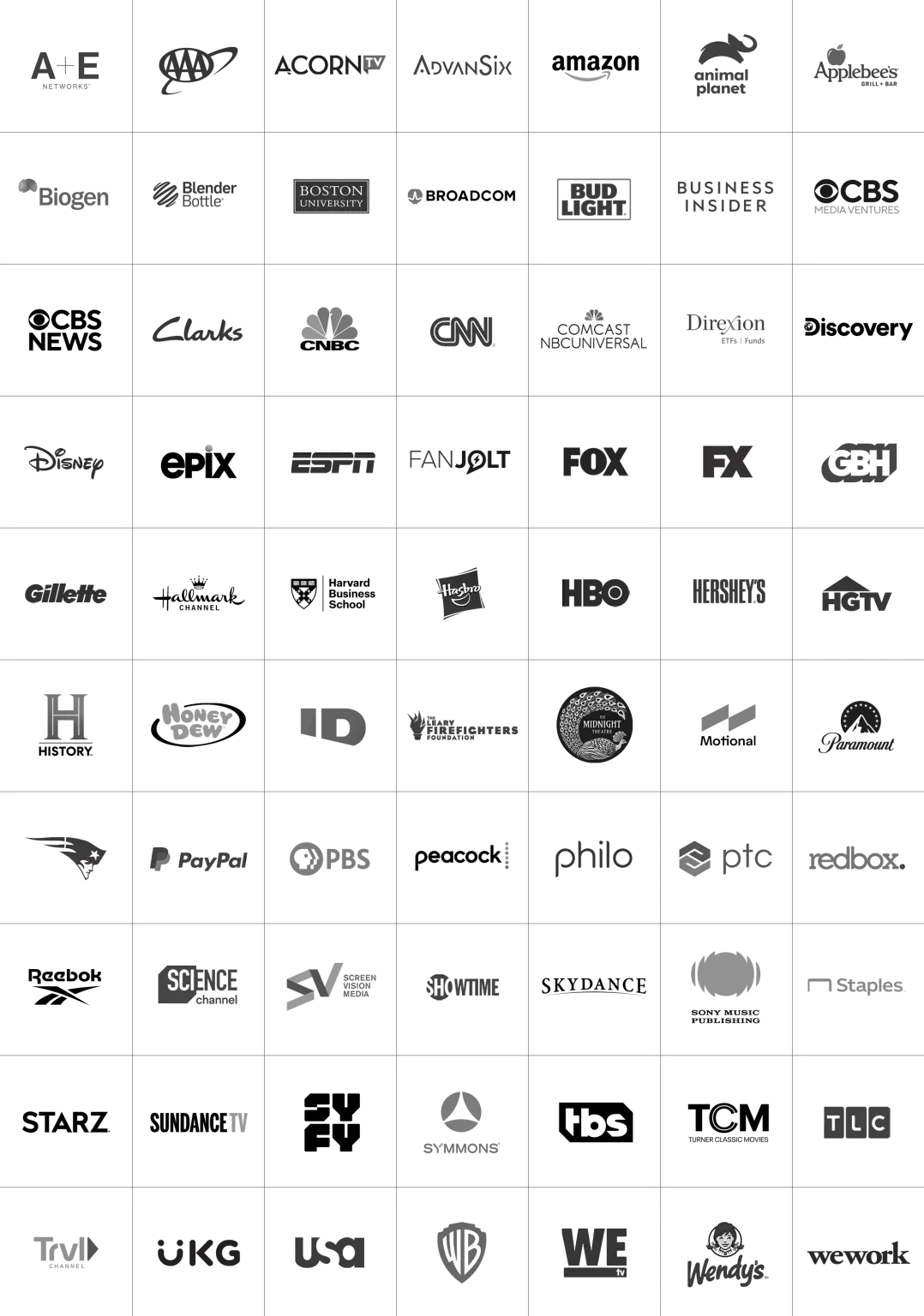 A black and white image of many different product logos.