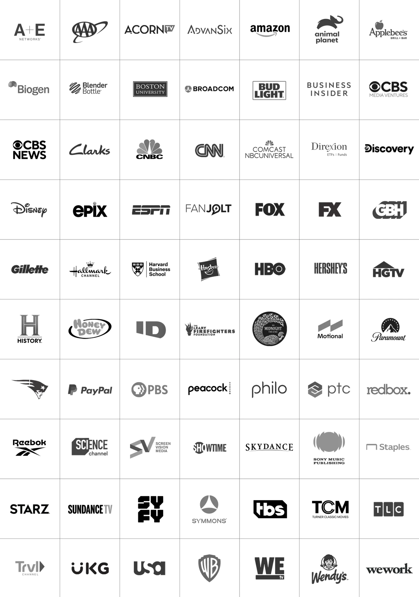 A black and white image of many different product logos.