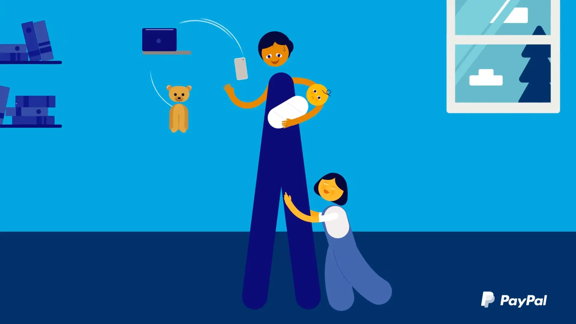 An illustration of a woman and child holding a PayPal phone, depicting the online payment platform.