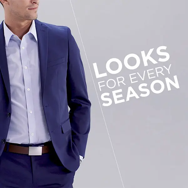 A man in a blue suit with the text looks for every season, enhancing online engagement.