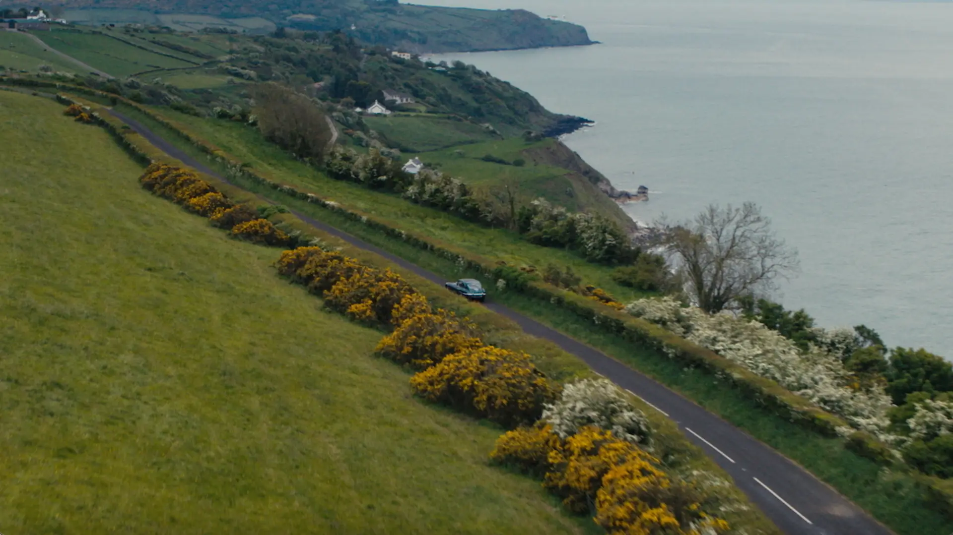 A car driving down a winding road near the ocean, featuring prime entertainment.