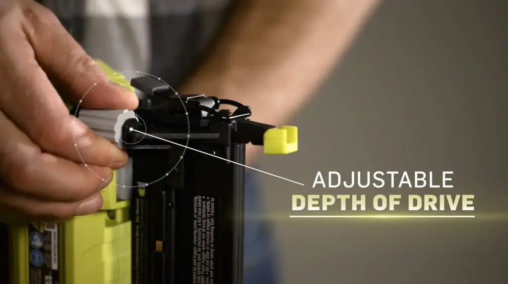 A person is holding a yellow stapler with the words "adjustable depth drive" that ignites.