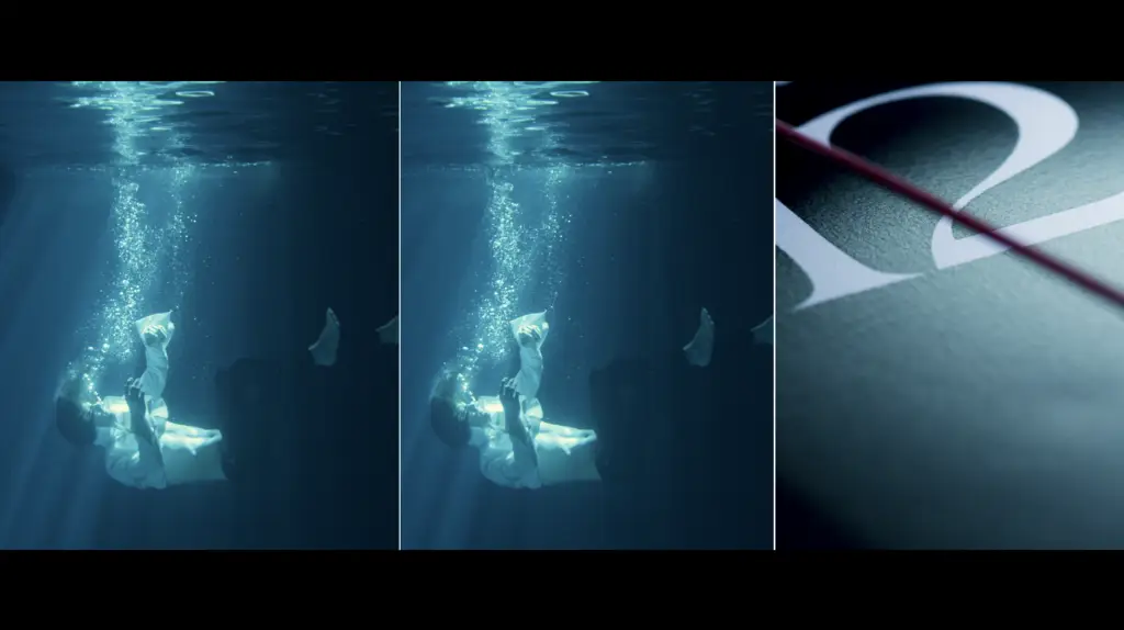 Three pictures of a woman underwater with a clock, hinting at a true crime investigation.