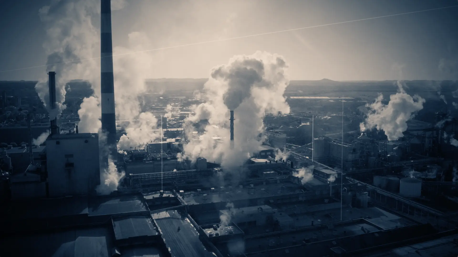 A black and white photo of a factory with smoke coming out of it, reminiscent of a scene from an Investigation Discovery true crime documentary.