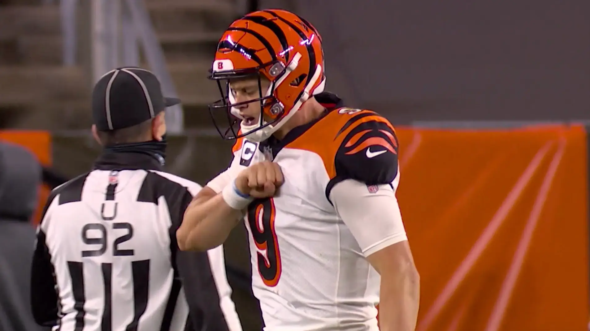The Cincinnati Bengals quarterback is throwing the ball to the referee during Sunday Night Football on NBC Peacock.