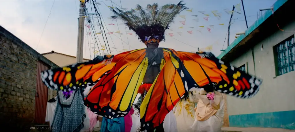 A man dressed as a butterfly walks down a street, capturing the attention of National Geographic photographers.