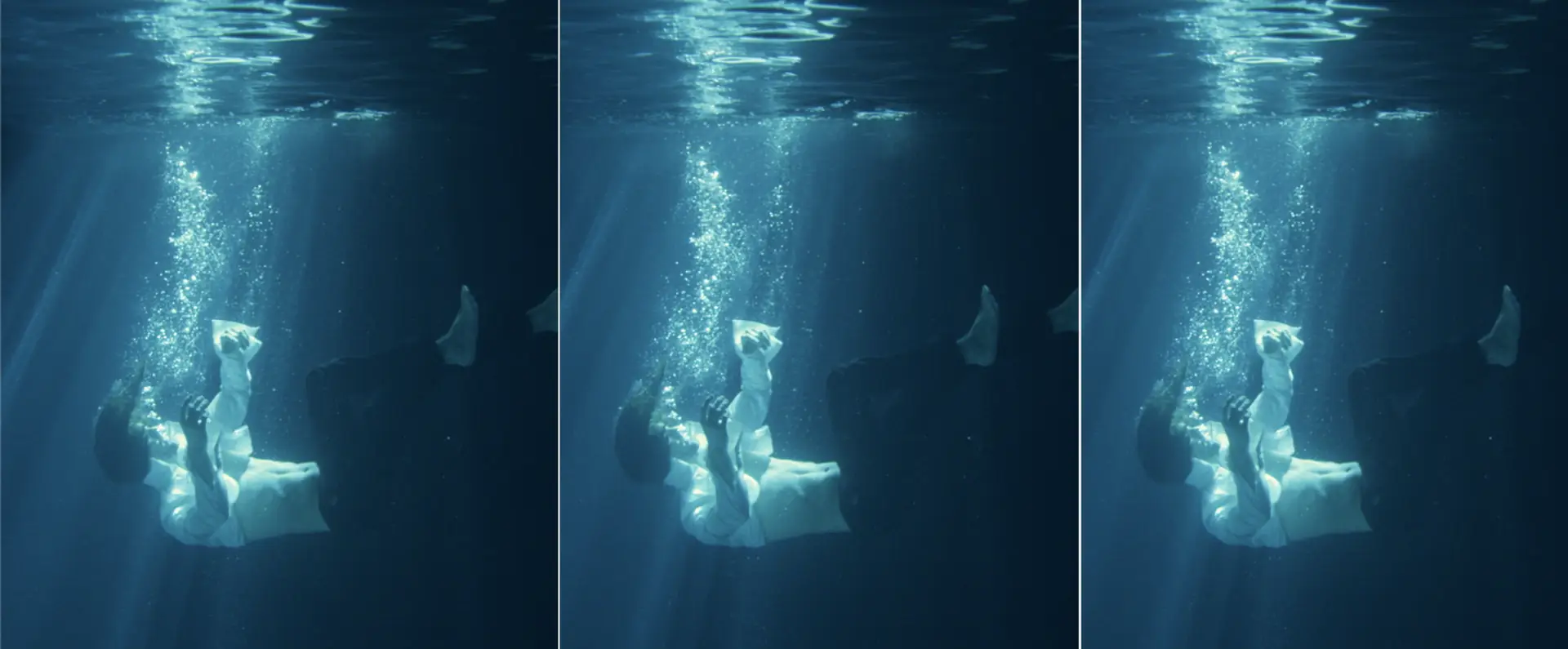 Four images of a woman swimming in the water, evoking the mystery of a Cold Case.
