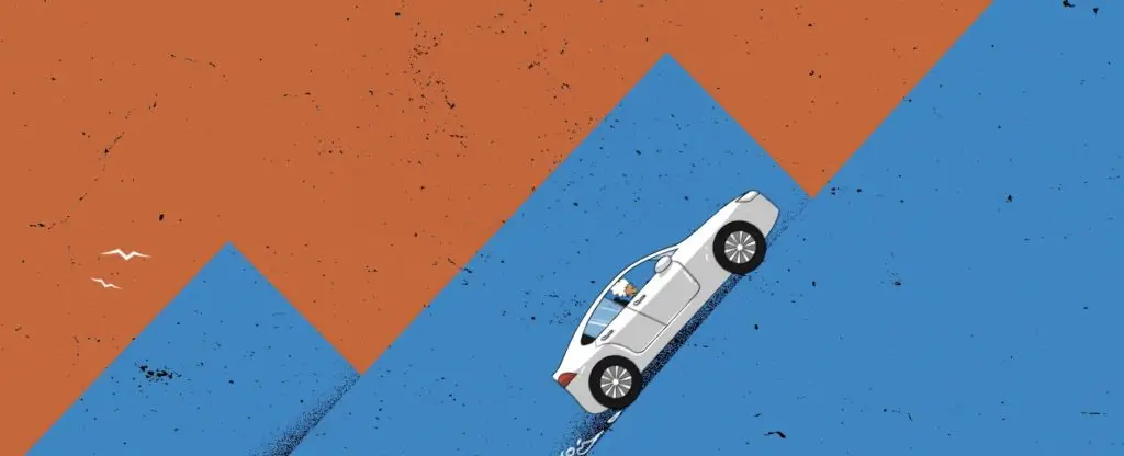 A white car performs on a blue and orange background.