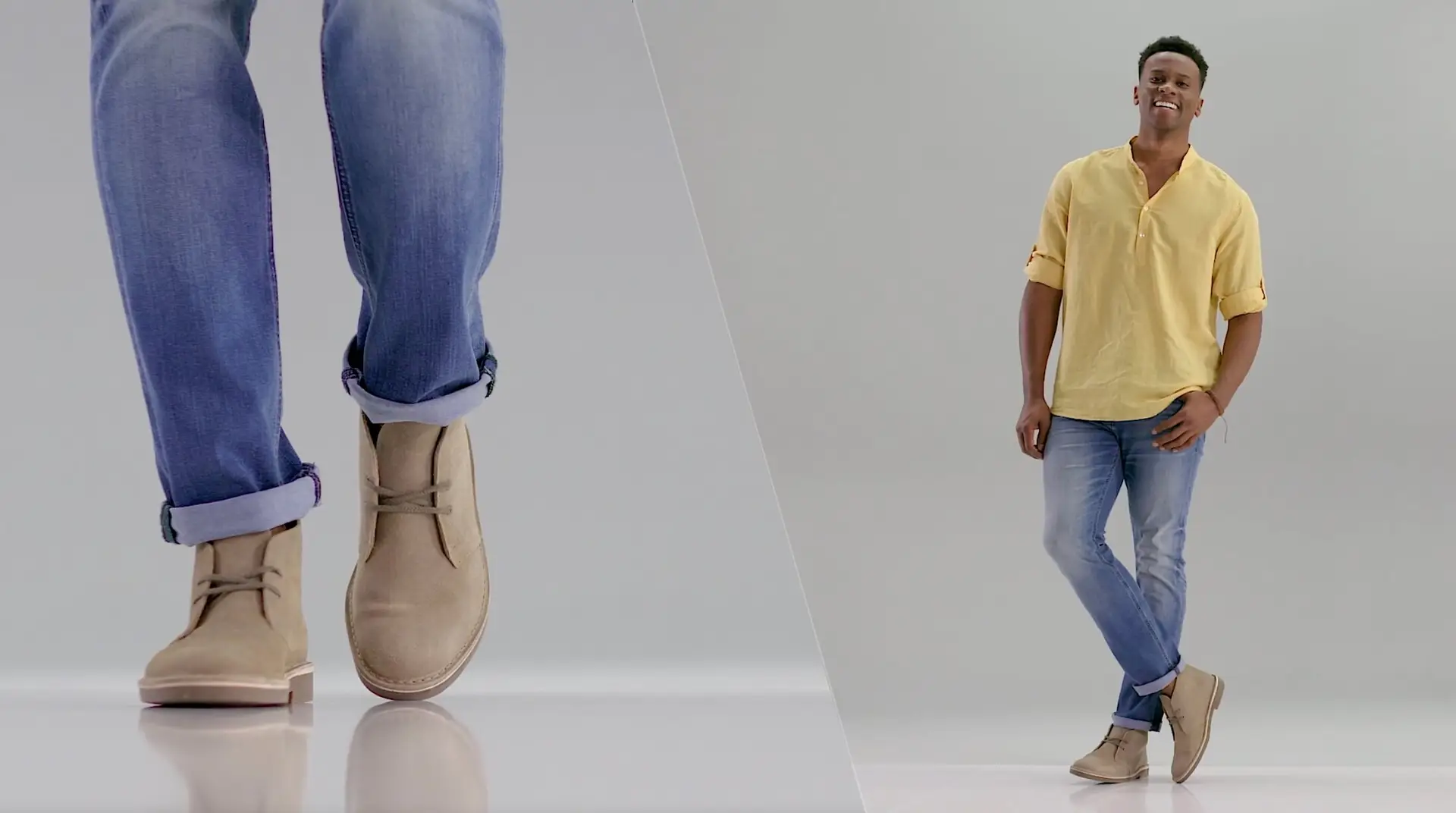 Two pictures showcase a man in jeans and a yellow shirt, looking stylish in his Every Season Clarks.