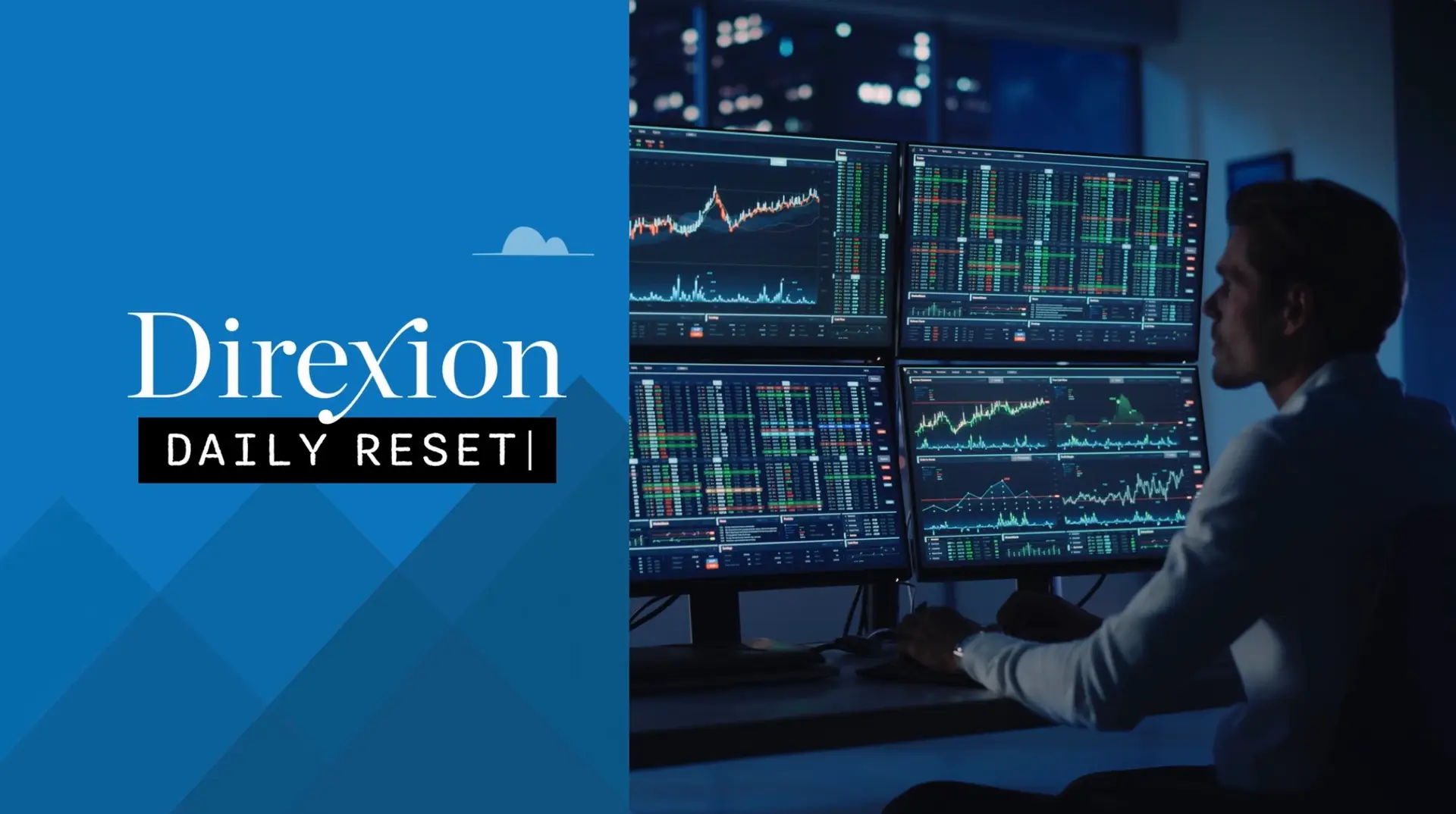 A man is sitting at a computer screen reviewing the Direxion Daily Reset for a Client Case Study.