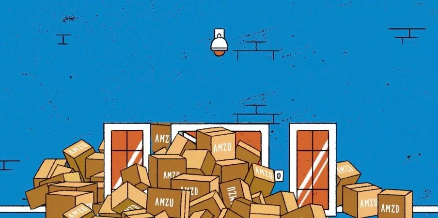 Illustration of numerous parcels with "Direxion" labels piled up in front of closed doors, suggesting a delivery overflow or backlog.
