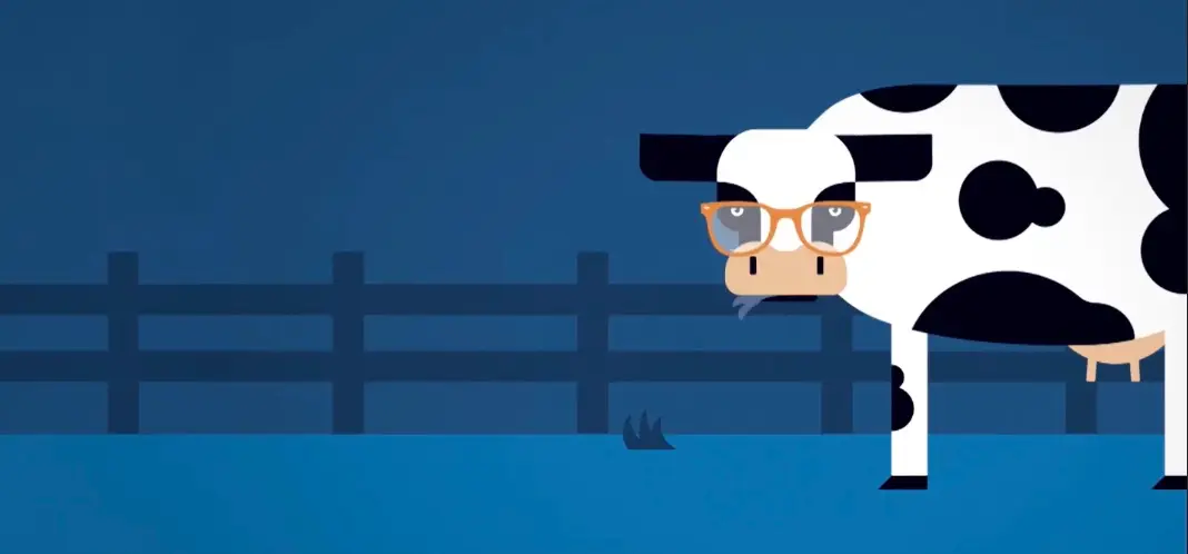 Illustration of a cartoon cow with glasses standing next to a fence, themed around ETF investing.