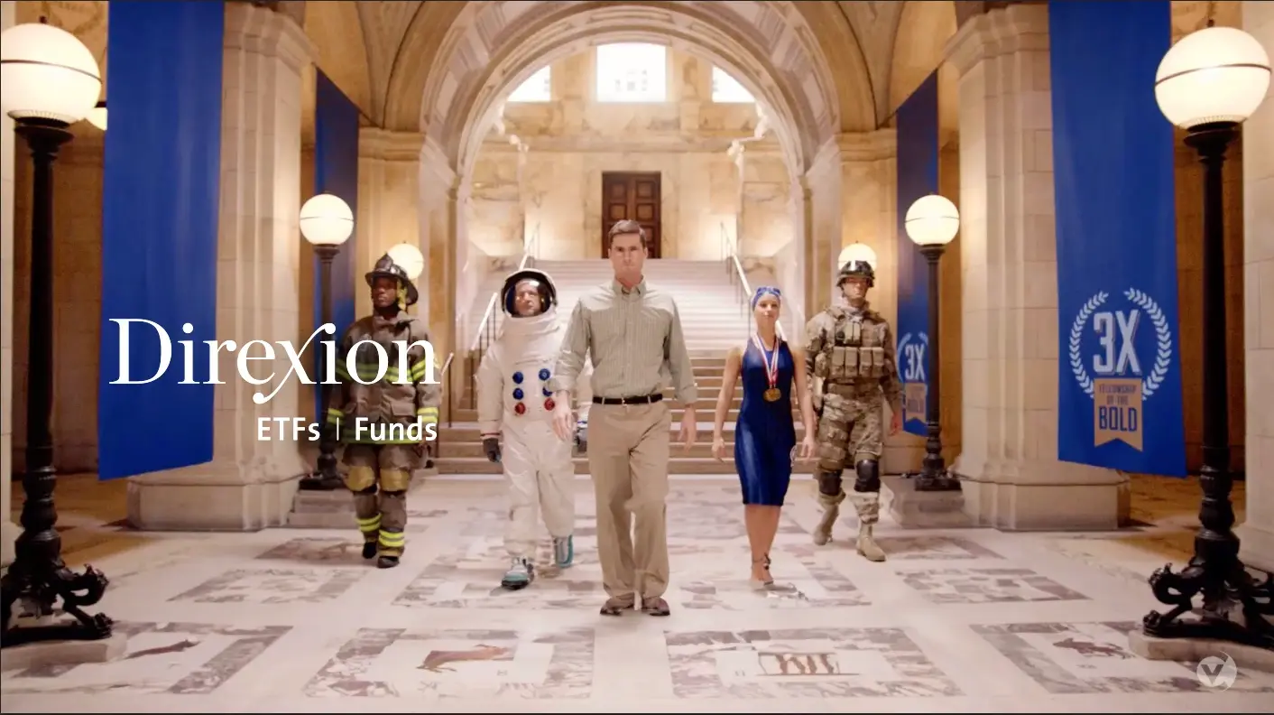 A group of five people representing different professions walking forward in a grand hallway, with the word "Direxion ETFs | Funds" displayed on the bottom of the video content.
