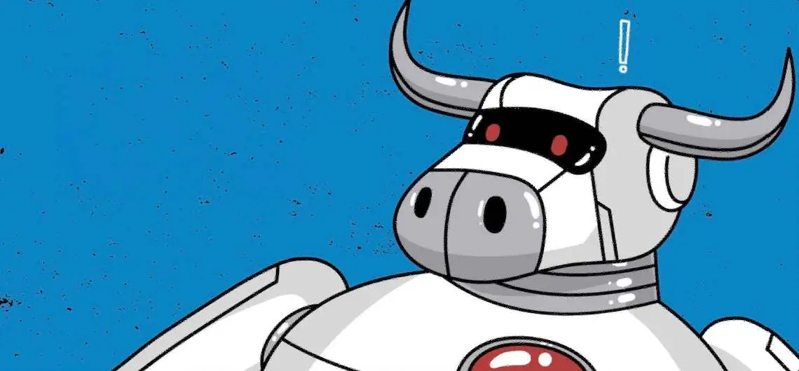 Illustration of a robotic bull with red eyes against a blue background, branded as LIVE 2023.