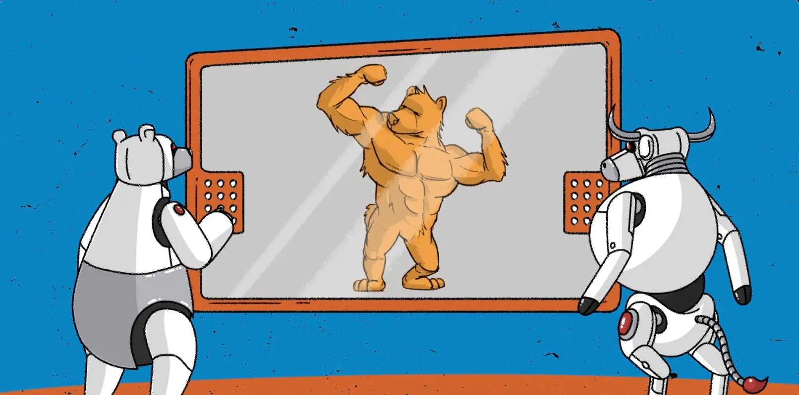 Two robots watching a flexing animated bear discussing Direxion ETFs on a screen.