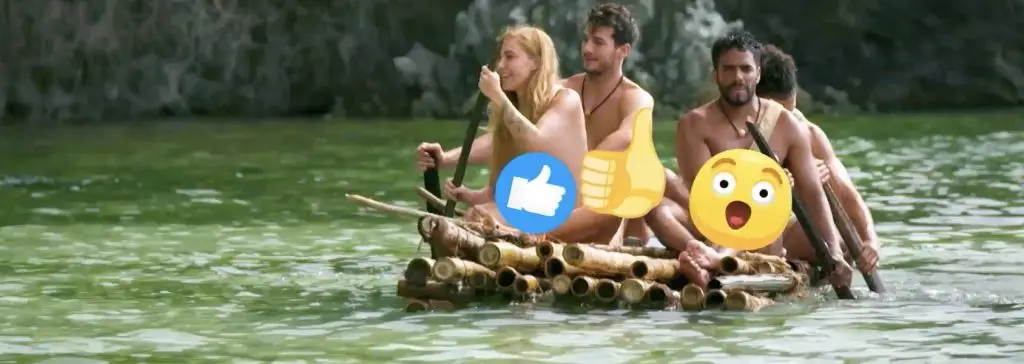 Three individuals on a makeshift bamboo raft with SHO/P+ emoji stickers covering parts of the image.