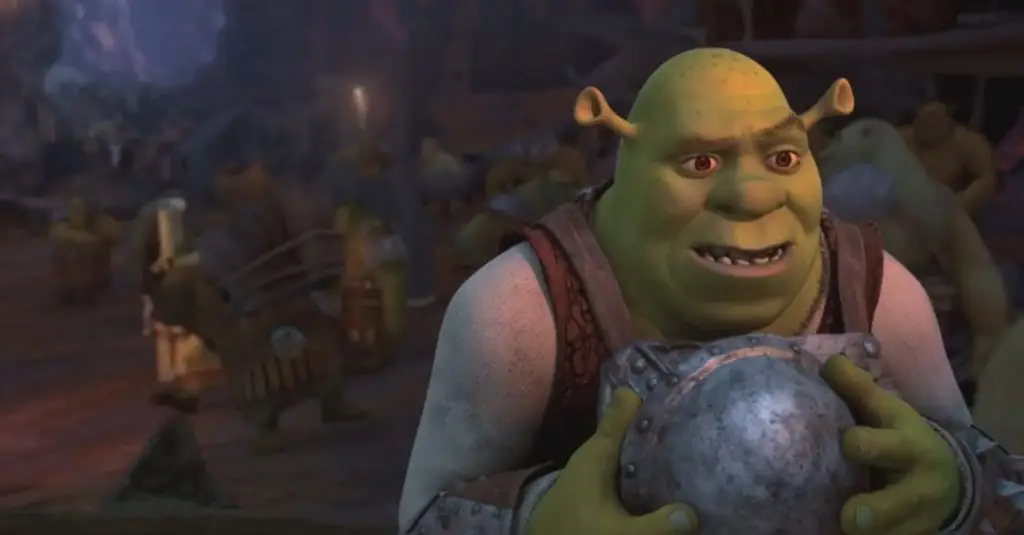An animated ogre holding a helmet with a concerned expression, surrounded by other characters in a dimly lit setting of the Sales Content library.