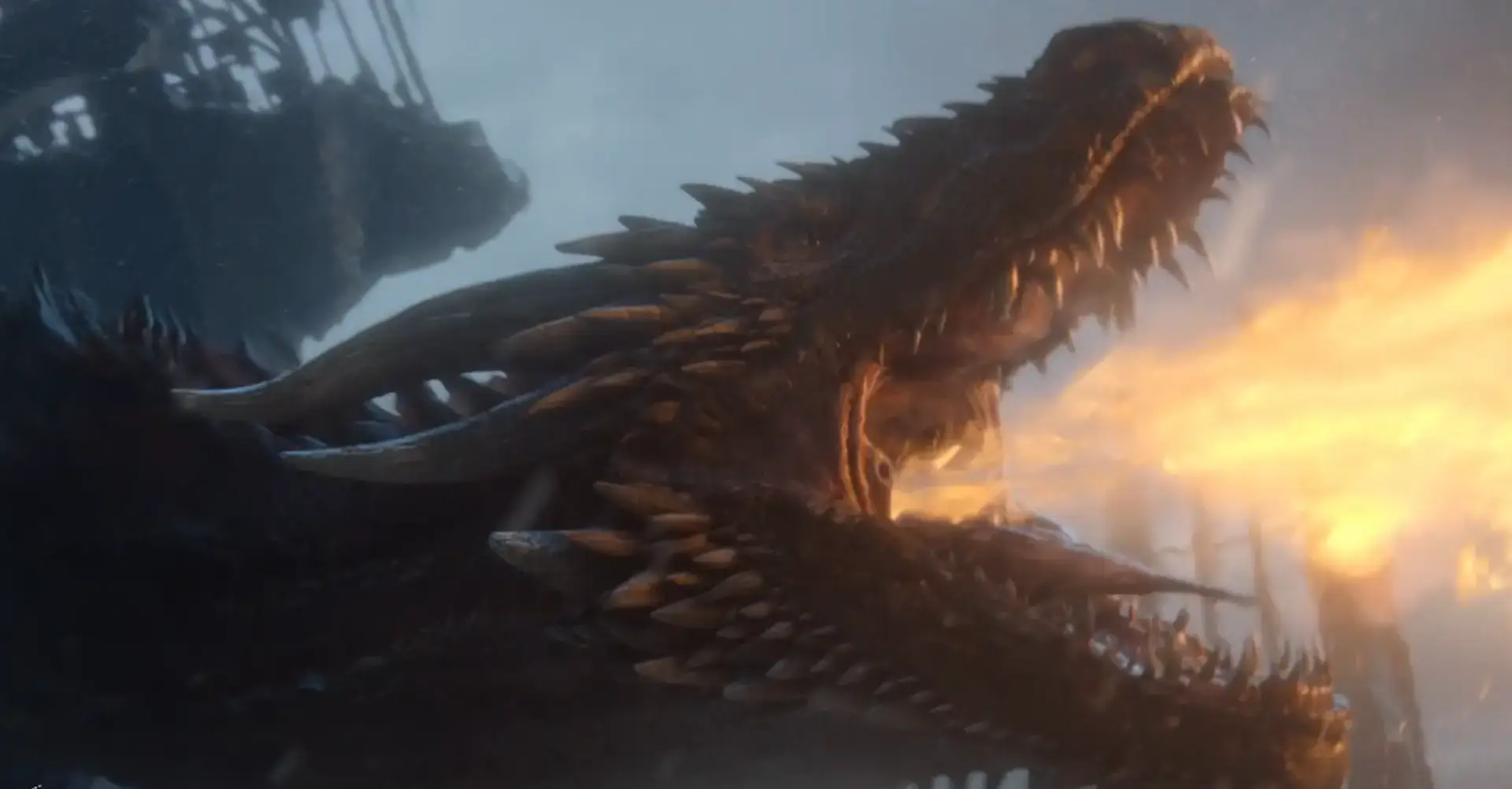 A large dragon exhaling fire from its mouth amidst a smoky, dimly lit background, perfectly encapsulating the HBO brand story.